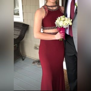 maroon colored two piece prom dress